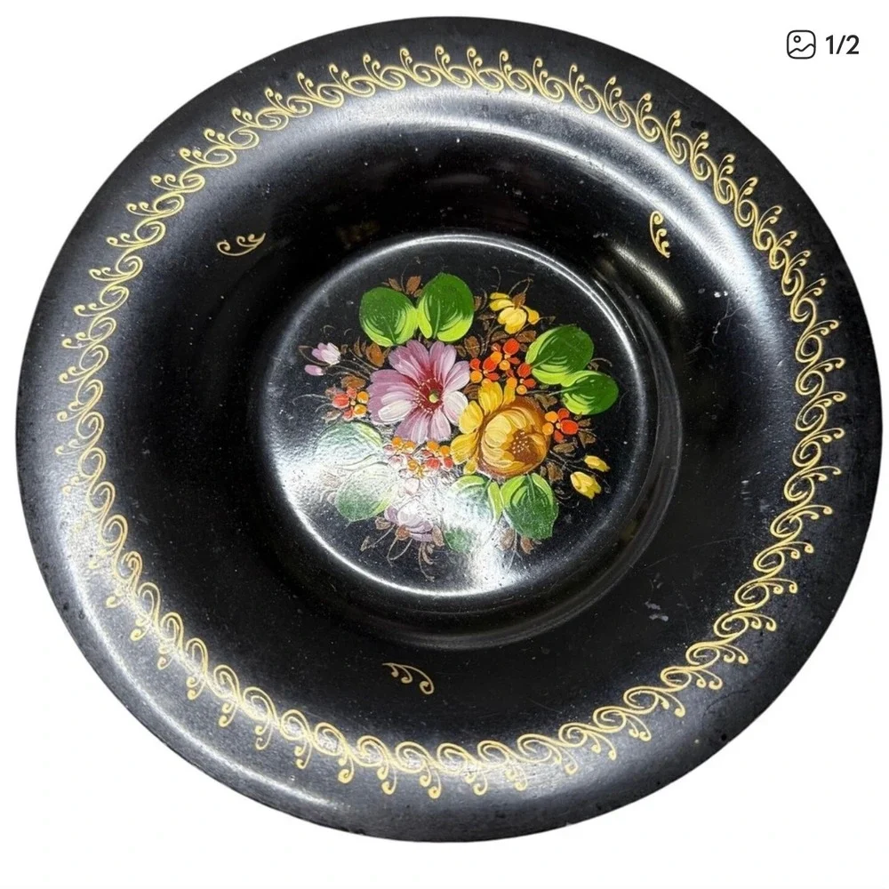 Vintage Black Porcelain Dish Hand Painted‎ - Floral -Japan